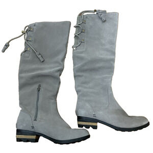 NWOT Sorel Farah Boots Mid Suede gray Lace tassel Back Side Zip waterproof SZ 7